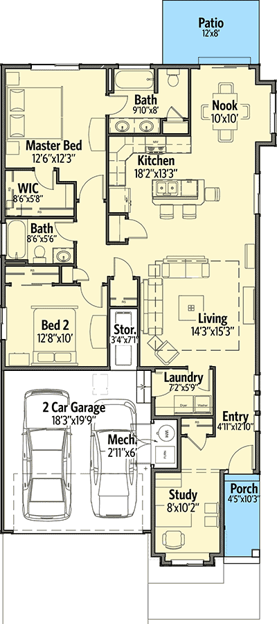 Plan 64411SC: Narrow Lot Craftsman with 2 Beds - Floor Plan - Main Level - Cottage, Craftsman, Northwest