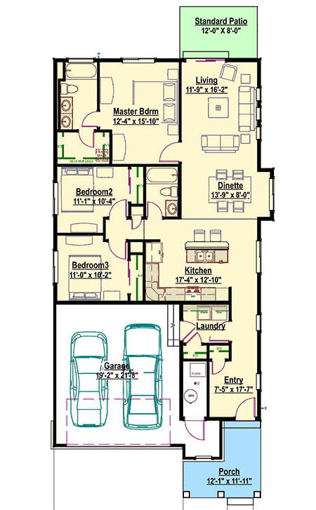 Plan 64414SC: Narrow Lot Bungalow - Floor Plan - Main Level - Bungalow, Cottage, Craftsman, Northwest