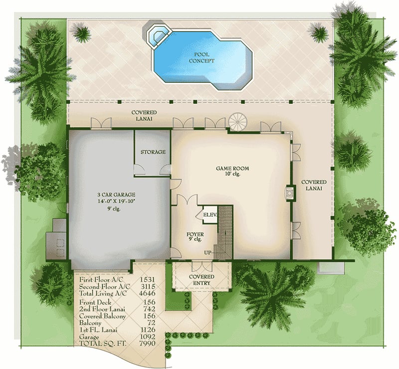 Plan 65601BS: Lanai and Balcony Beauty - Floor Plan - Main Level - Coastal, Florida-Style, Mediterranean