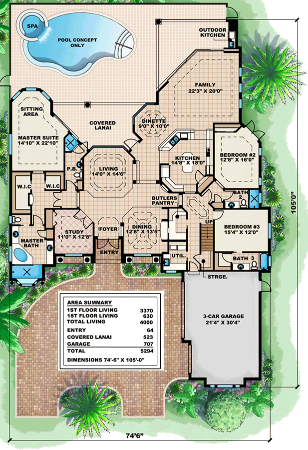 Plan 66011WE: Elegant Luxury House Plan with Bonus Room Above 3-Car Garage - 4000 Sq Ft - Floor Plan - Main Level - European, Florida-Style, Mediterranean, Transitional