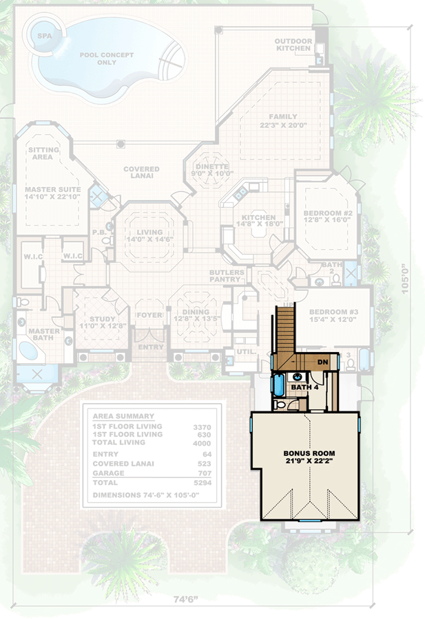 Plan 66011WE: Elegant Luxury House Plan with Bonus Room Above 3-Car Garage - 4000 Sq Ft - Floor Plan - Bonus - European, Florida-Style, Mediterranean, Transitional