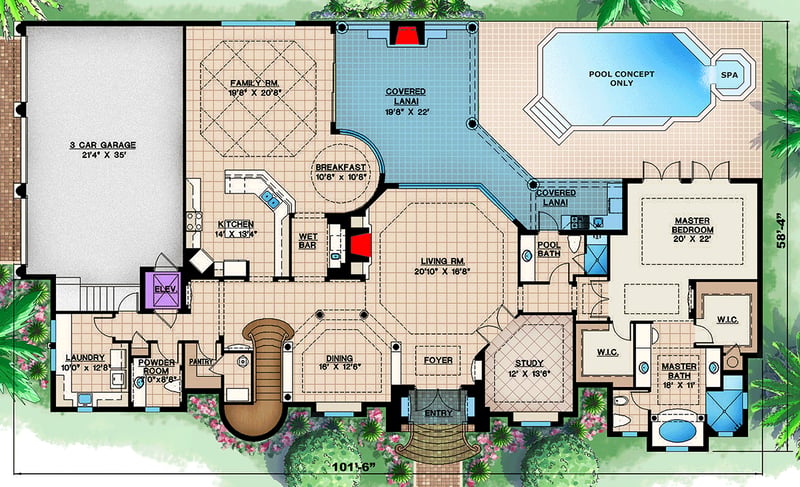 Plan 66015WE: Luxurious Mediterranean House Plan with Four Bedrooms and Three-Car Garage - Floor Plan - Main Level - European, Florida-Style, Mediterranean