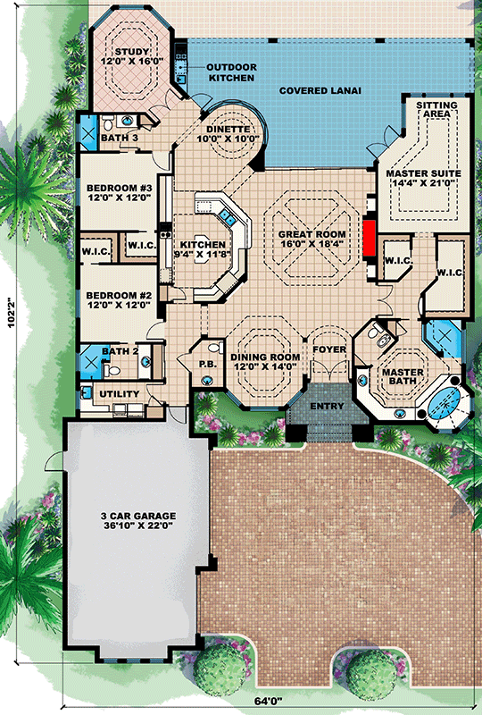 Plan 66034WE: Mediterranean Florida-Style House Plan with 3 Bedrooms ...