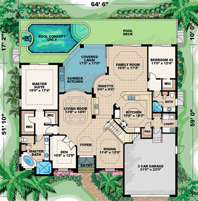 Plan 66053WE: Mediterranean Florida Style House Plan with 3 Bedrooms and Outdoor Kitchen - Floor Plan - Main Level - Florida-Style, Mediterranean