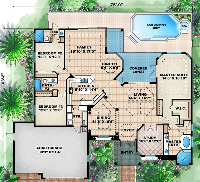 Plan 66085WE: Coastal Mediterranean House Plan with 3 Bedrooms and 3-Car Garage - Floor Plan - Main Level - Coastal, Florida-Style, Mediterranean, Tuscan