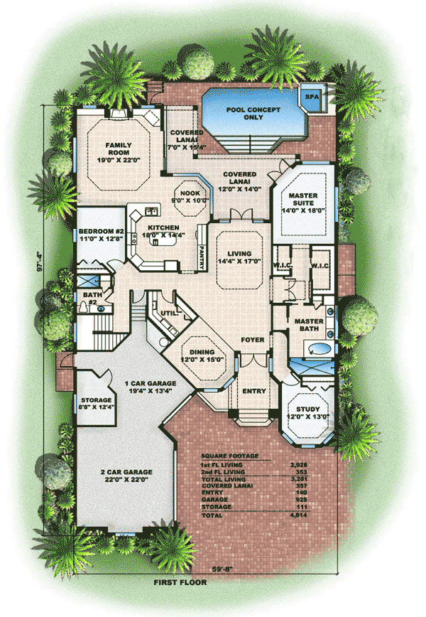 Plan 66095BW: Transoms Galore - Floor Plan - Main Level - Florida-Style, Mediterranean