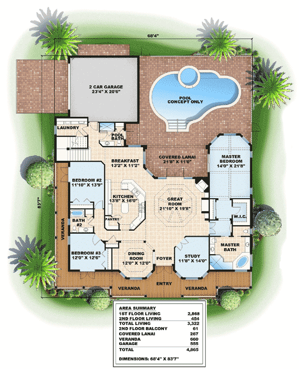 Plan 66097BW: Great Room Style Home Plan - Floor Plan - Main Level - Florida-Style