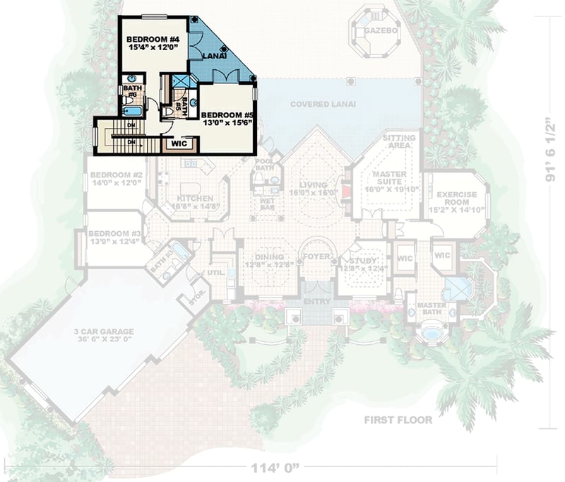 Plan 66123WE: Luxury Mediterranean House Plan with 5 Bedrooms and Expansive Outdoor Lanai - Floor Plan - 2nd Floor - Florida-Style, Mediterranean