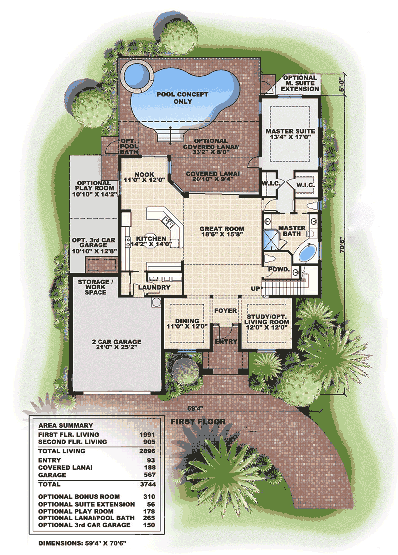 Plan 66166BW: Mediterranean Home Plan - Floor Plan - Main Level - Florida-Style, Mediterranean