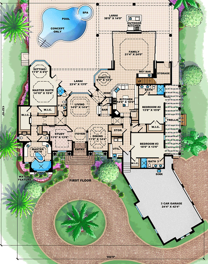 Plan 66185WE: Beautifully Designed Tuscan House Plan - Floor Plan - Main Level - Florida-Style, Mediterranean, Tuscan