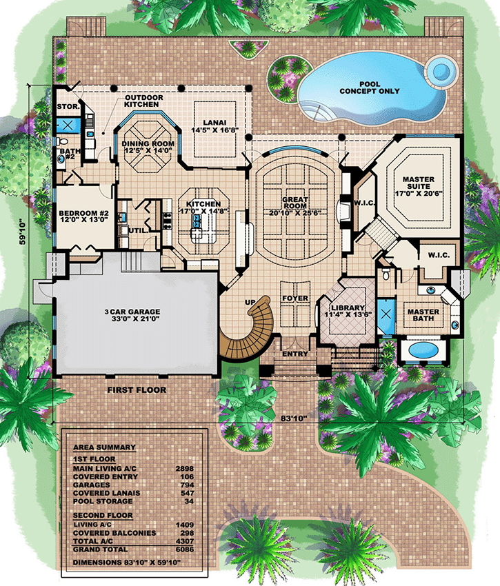 Plan 66206BW: 2-Story Mediterranean House Plan with 2 Master Suites - Floor Plan - Main Level - European, Florida-Style, Mediterranean