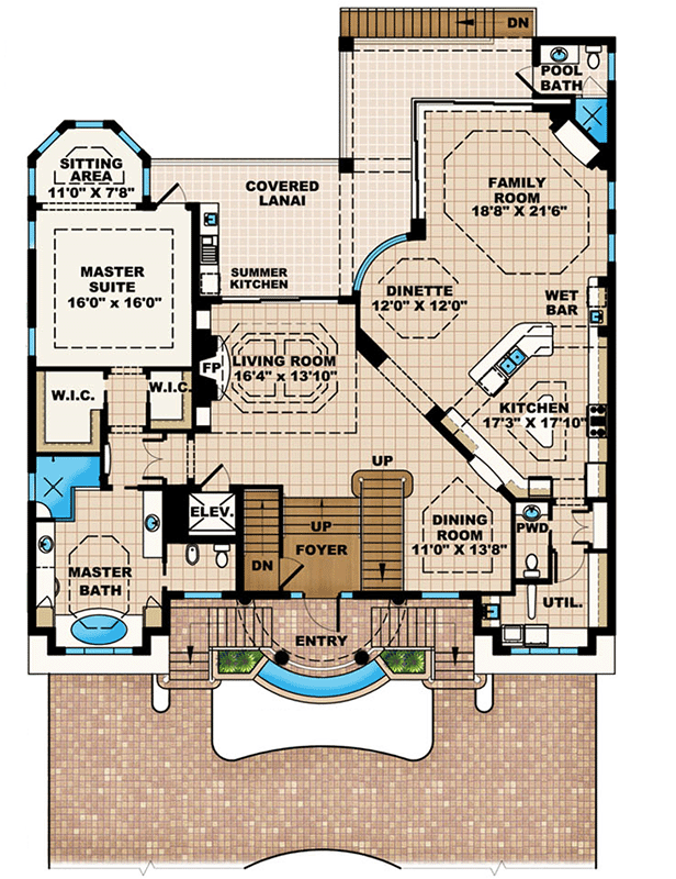 Plan 66223WE: Tuscan Influences - Floor Plan - Main Level - Florida-Style, Mediterranean