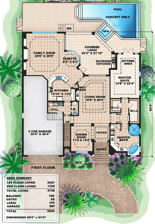 Plan 66237WE: Two Story Mediterranean House Plan - Floor Plan - Main Level - Florida-Style, Mediterranean