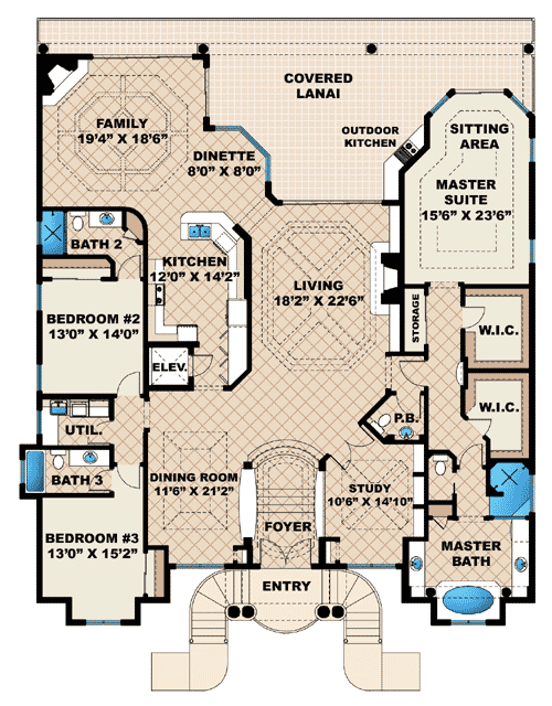 Plan 66273WE: Coastal Living - Floor Plan - Main Level - Florida-Style, Mediterranean