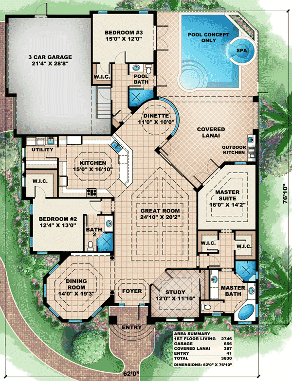 Plan 66282WE: Great For a Corner Lot - Floor Plan - Main Level - Florida-Style, Mediterranean