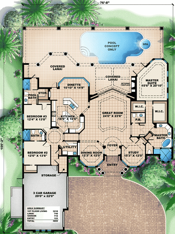 Plan 66286WE: Stunning Rear Elevation - Floor Plan - Main Level - Florida-Style, Mediterranean