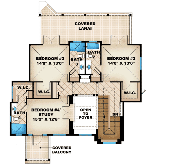 Plan 66288WE: Covered Lanai with Fireplace - Floor Plan - 2nd Floor - Florida-Style, Southern