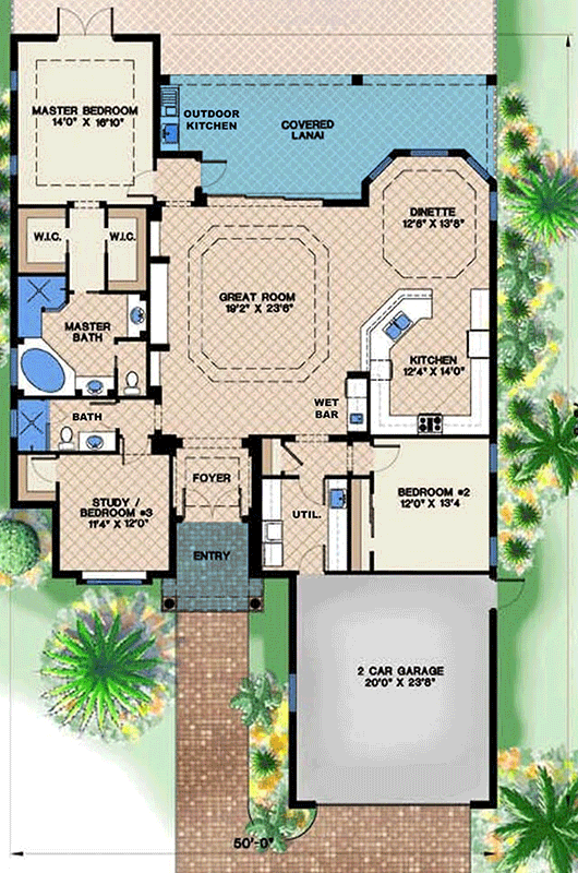 Plan 66306WE: Mediterranean Coastal House Plan with Three Bedrooms and Outdoor Kitchen - Floor Plan - Main Level - Coastal, Florida-Style, Mediterranean
