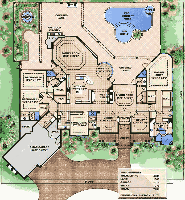 Plan 66316WE: Spanish-Influenced One-Story House Plan with Angled 3-Car Garage - 4934 Sq Ft - Floor Plan - Main Level - Florida-Style, Mediterranean, Spanish