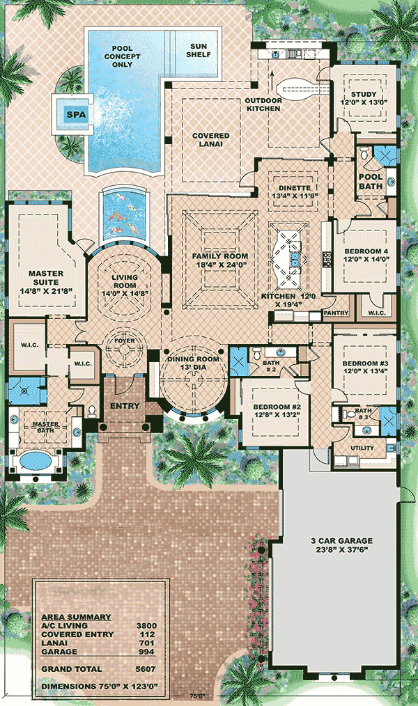 Plan 66321WE: Mediterranean Home With Circular Dining Room - 3800 Sq Ft - Floor Plan - Main Level - Coastal Contemporary, European, Mediterranean, Spanish, Transitional