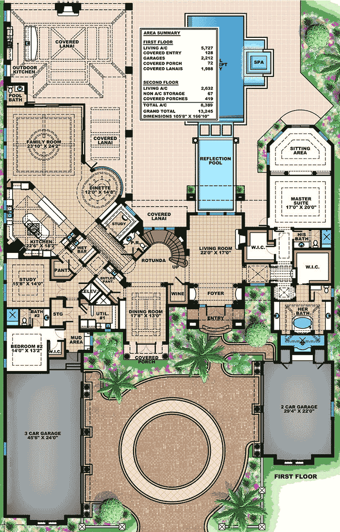Plan 66349WE: 5 Bed Mediterranean Inspired Villa - Floor Plan - Main Level - European, Florida-Style, Mediterranean, Spanish