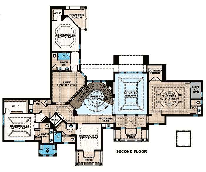 Plan 66349WE: 5 Bed Mediterranean Inspired Villa - Floor Plan - 2nd Floor - European, Florida-Style, Mediterranean, Spanish