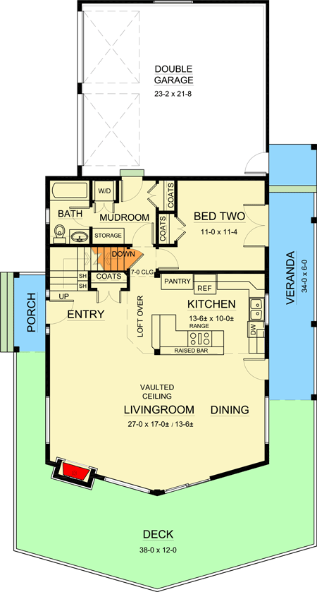 Plan 6760MG: Two Bedroom Vacation Retreat - Floor Plan - Main Level - Mountain, Vacation