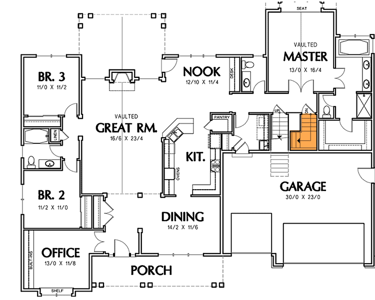 Plan 69005AM: One-Story Cottage with Home Office and Bonus - 2373 Sq Ft - Floor Plan - Basement Stair - Craftsman, Northwest