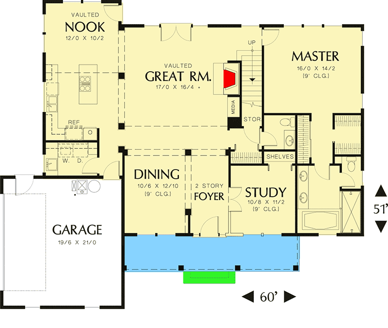 Plan 69037AM: Country Home Plan with 3 Functional Dormers - 2561 Sq Ft - Floor Plan - Main Level - Country, Farmhouse, Traditional