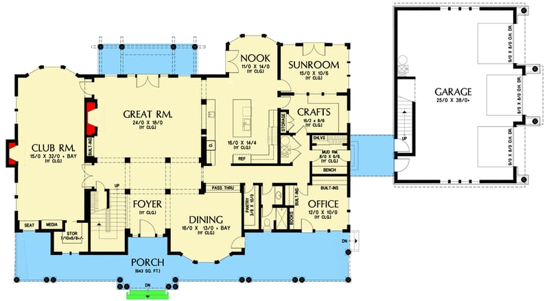 Plan 69078AM: Farmhouse With Lots of Amenities - 5180 Sq Ft - Floor Plan - Main Level - Country, Farmhouse, Traditional