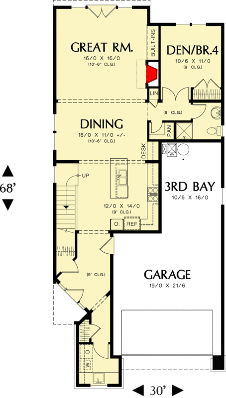 Plan 69089AM: New England Style Narrow Lot Plan - Floor Plan - Main Level - Craftsman, Northwest