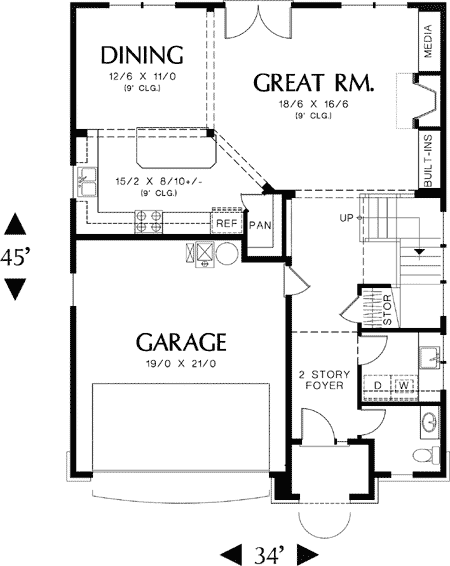 Plan 69134AM: 4 Bedroom Plan with Narrow Footprint - Floor Plan - Main Level - Northwest, Traditional