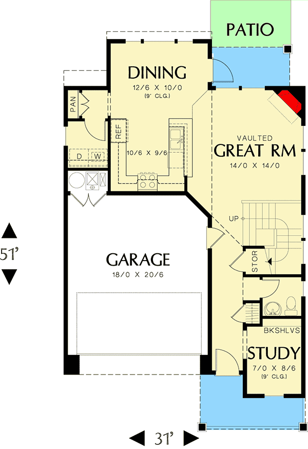 Plan 69491AM: Narrow Lot Traditional Home Plan - Floor Plan - Main Level - Country, Northwest, Traditional