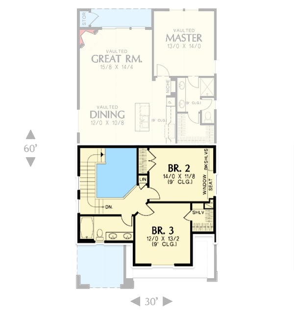 Plan 69546AM: Narrow Lot Traditional House Plan - 1712 Sq Ft - Floor Plan - 2nd Floor - Northwest, Traditional