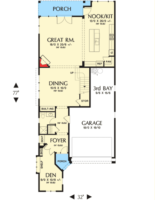 Plan 69549AM: Narrow Lot Craftsman Home Plan - Floor Plan - Main Level - Cottage, Craftsman, Traditional
