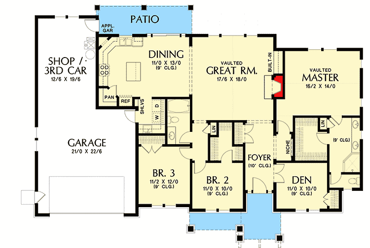 Plan 69605AM: 3 Bed Craftsman with Tapered Columned Porch - Floor Plan - Main Level - Craftsman, Northwest