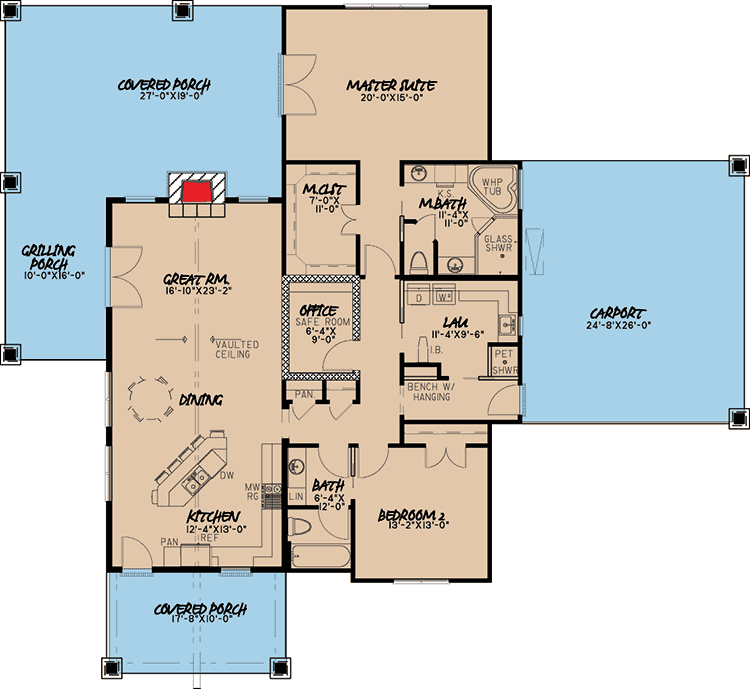 Plan 70503MK: Beautiful Getaway Retreat with Carport - Floor Plan - Main Level - Craftsman, Mountain, Ranch, Rustic, Vacation