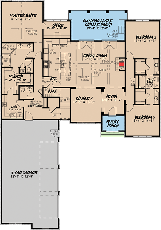 Plan 70506MK: 3 Bed European House Plan with Vaulted Great Room - 2532 Sq Ft - Floor Plan - Main Level - European, French Country, Traditional