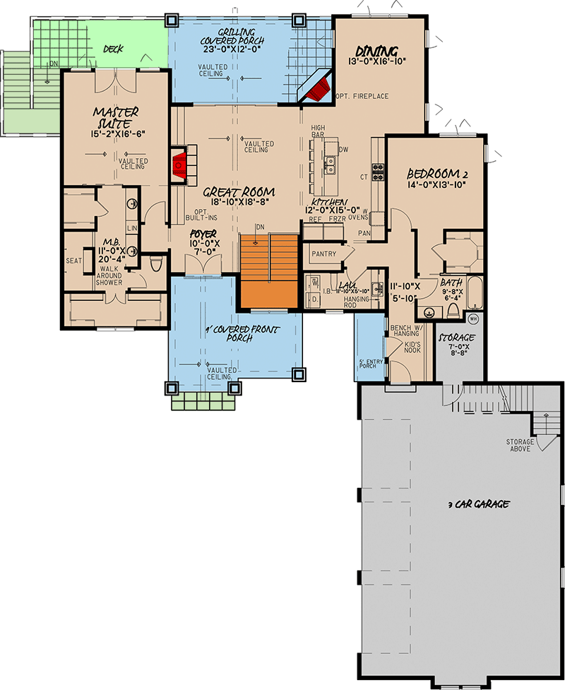 Plan 70513MK: 4 Bed with Finished Lower Level - 3697 Sq Ft - Floor Plan - Main Level - European, Traditional