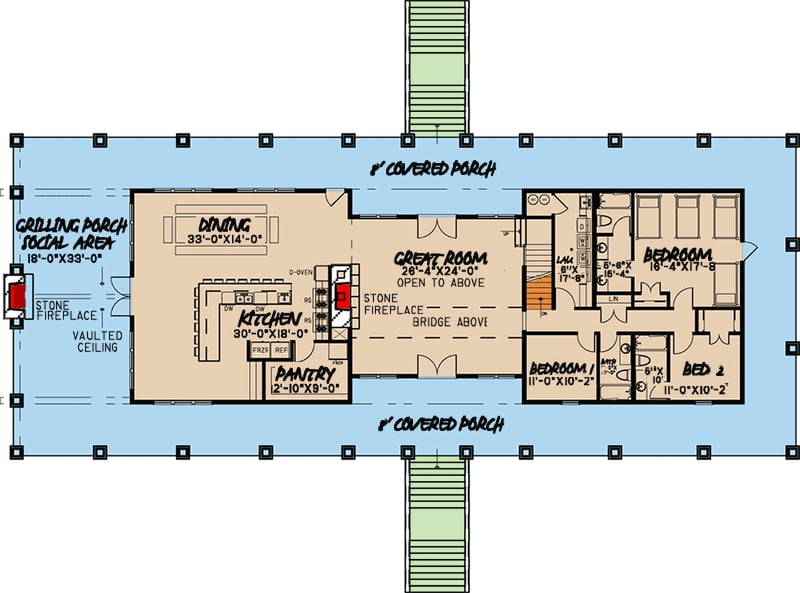 Plan 70518MK: Majestic Country Retreat with 11 Bedrooms and Wrap-Around Porch - Floor Plan - Main Level - Country, Mountain, Vacation
