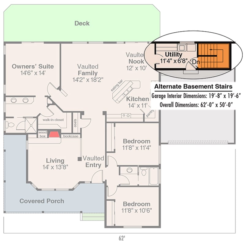Plan 72007DA: Charming Country Cottage House Plan with Wrap-Around Porch and Split Bedrooms - Floor Plan - Basement Stairs Location - Cottage, Country, Traditional
