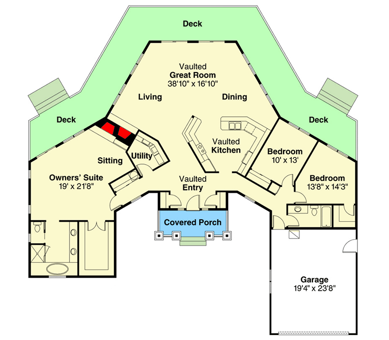 Plan 72009DA: Northwest View-Oriented House Plan with Vaulted Great Room and Expansive Deck - Floor Plan - Main Level - Northwest