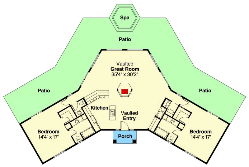 Plan 72032DA: Mediterranean House Plan: 2 Beds, Split Layout, Wrap-Around Porch - Floor Plan - Main Level - Florida-Style, Mediterranean, Spanish