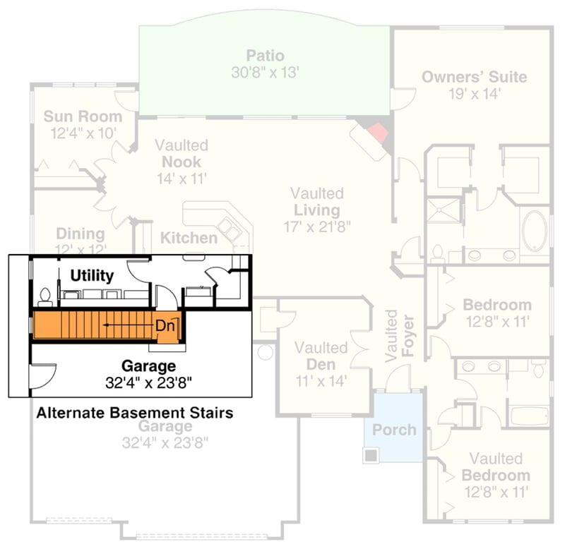 Plan 72084DA: Charming 2561 sq ft 3 Bed 2 Bath Ranch House Plan with a 3 Car Garage and Vaulted Living Area. - Floor Plan - Basement Stairs Location - Ranch, Traditional