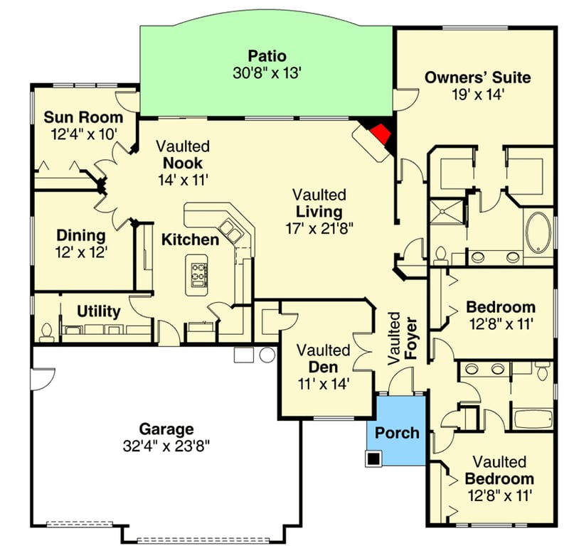 Plan 72084DA: Charming 2561 sq ft 3 Bed 2 Bath Ranch House Plan with a 3 Car Garage and Vaulted Living Area. - Floor Plan - Main Level - Ranch, Traditional