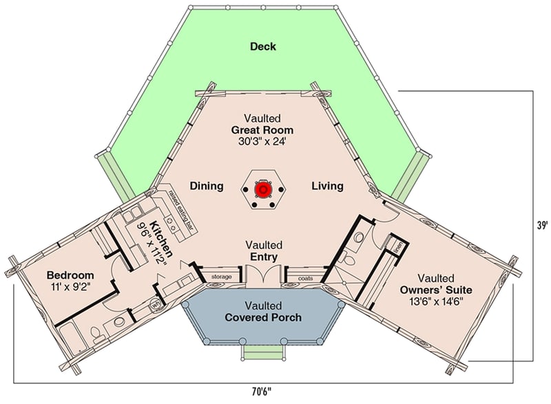 Plan 72162DA: Charming Two Bedroom Log Cabin House Plan with Wraparound Porch - Floor Plan - Main Level - Cabin, Log Cabin, Vacation