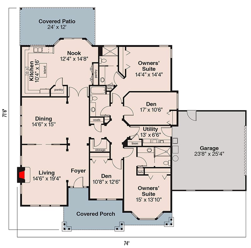 Plan 72207DA: Craftsman Ranch House Plan with Dual Master Suites - Floor Plan - Main Level - Craftsman, Ranch, Traditional
