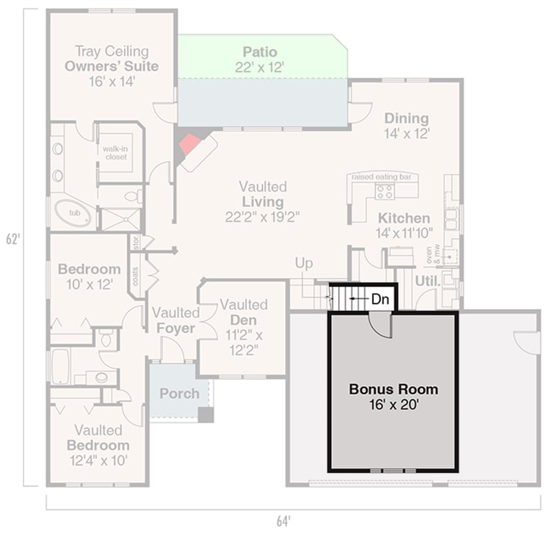 Plan 72232DA: Traditional 3 Car Garage House Plan with Bonus Room Above - Floor Plan - Bonus Room - Southern, Traditional
