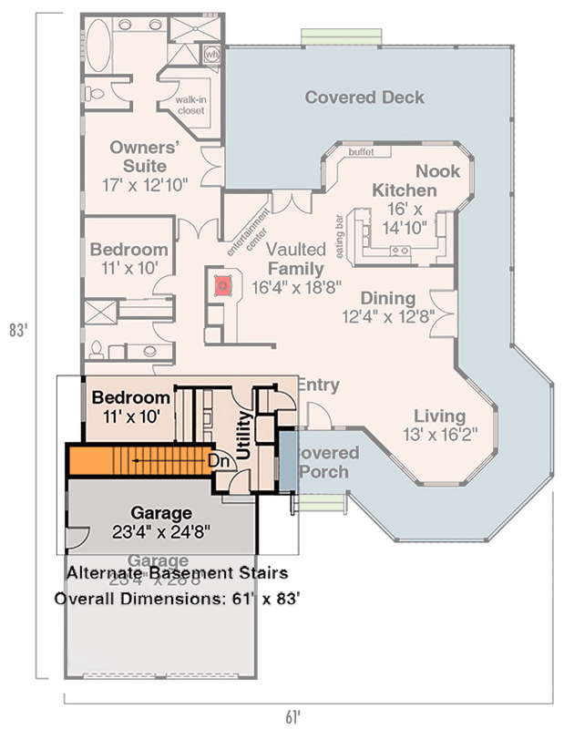 Plan 72233DA: Ranch House Plan with Wrap Around Porch and Vaulted Family Room - Floor Plan - Basement Stairs Location - Country, Ranch, Traditional