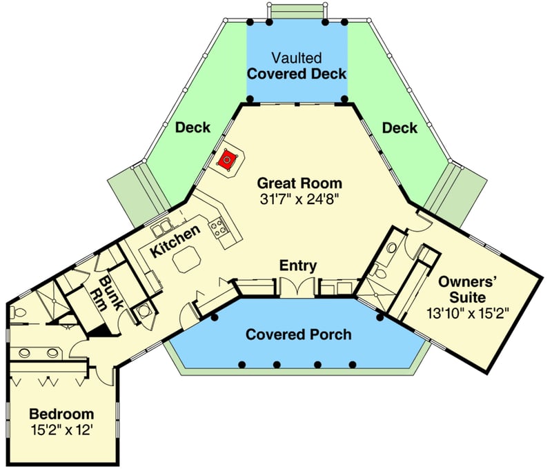 Plan 72267DA: Vacation Home Plan with Panoramic Rear View - Floor Plan - Main Level - Country, Ranch